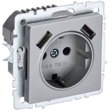 BRITE Розетка 1-местная с заземлением с защитными шторками 16А с USB A+A 5В 2,1А РЮш10-1-БрА алюминий IEK