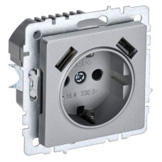 BRITE Розетка 1-местная с заземлением с защитными шторками 16А с USB A+A 5В 3,1А РЮш10-2-БрА алюминий IEK