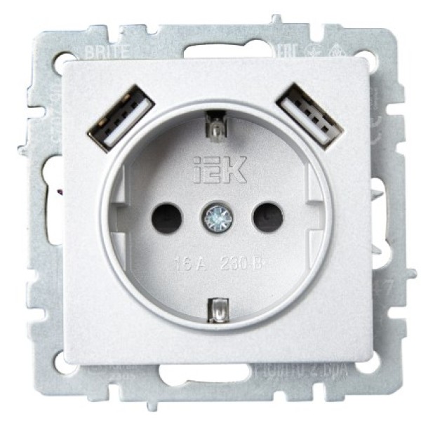 BRITE Розетка 1-местная с заземлением с защитными шторками 16А с USB A+A 5В 3,1А РЮш10-2-БрА алюминий IEK