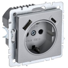 BRITE Розетка 1-местная с заземлением с защитными шторками 16А с USB A+C 18Вт РЮш11-1-БрА алюминий IEK