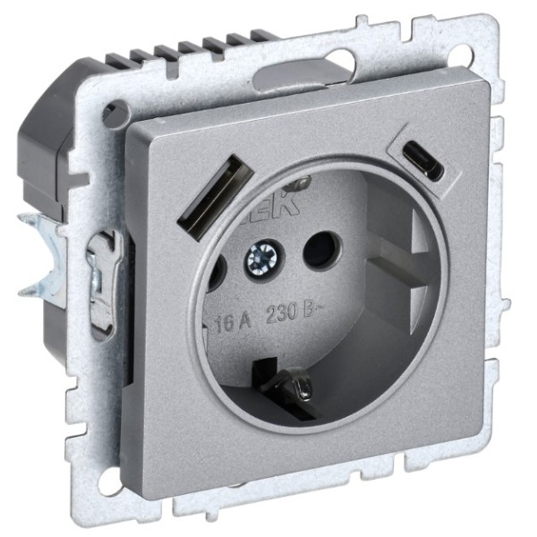 BRITE Розетка 1-местная с заземлением с защитными шторками 16А с USB A+C 18Вт РЮш11-1-БрА алюминий IEK