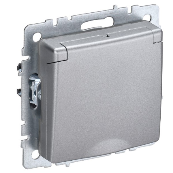 BRITE Розетка 1-местная с заземлением с защитными шторками и крышкой 16А IP44 РСбш10-3-44-БрА алюминий IEK