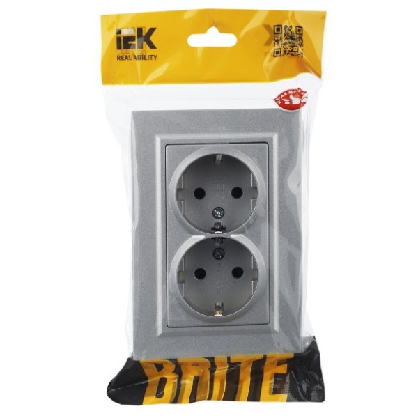 BRITE Розетка 2-местная с заземлением с защитными шторками 16А в сборе РСш12-3-БрА алюминий IEK