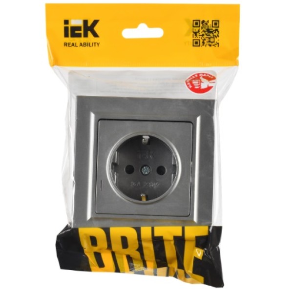BRITE Розетка 1-местная с заземлением с защитными шторками 16А в сборе РСР14-1-0-БрС сталь IEK