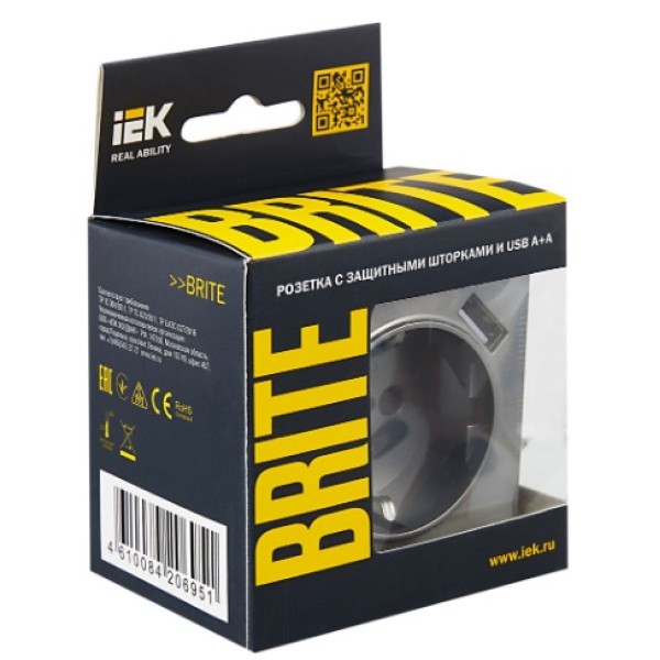 BRITE Розетка 1-местная с заземлением с защитными шторками 16А с USB A+A 5В 2,1А РЮш10-1-БрС сталь IEK