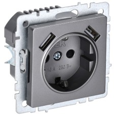 BRITE Розетка 1-местная с заземлением с защитными шторками 16А с USB A+A 5В 2,1А РЮш10-1-БрС сталь IEK