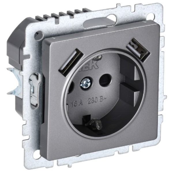 BRITE Розетка 1-местная с заземлением с защитными шторками 16А с USB A+A 5В 2,1А РЮш10-1-БрС сталь IEK