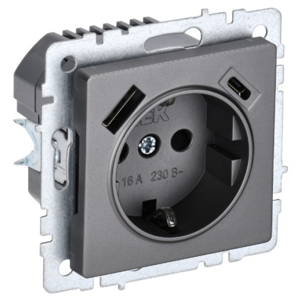 BRITE Розетка 1-местная с заземлением с защитными шторками 16А с USB A+C 18Вт РЮш11-1-БрС сталь IEK