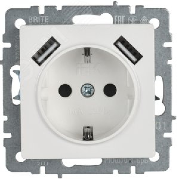 BRITE Розетка 1-местная с заземлением с защитными шторками 16А с USB A+A 5В 2,1А РЮш10-1-БрБ белый IEK