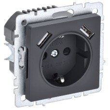 BRITE Розетка 1-местная с заземлением с защитными шторками 16А с USB A+A 5В 2,1А РЮш10-1-БрГ графит IEK