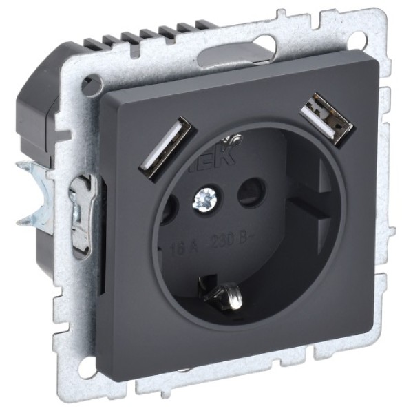 BRITE Розетка 1-местная с заземлением с защитными шторками 16А с USB A+A 5В 2,1А РЮш10-1-БрГ графит IEK