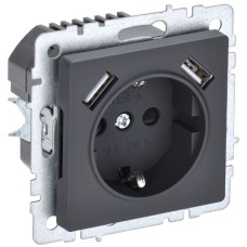 BRITE Розетка 1-местная с заземлением с защитными шторками 16А с USB A+A 5В 3,1А РЮш10-2-БрГ графит IEK