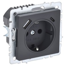 BRITE Розетка 1-местная с заземлением с защитными шторками 16А с USB A+C 18Вт РЮш11-1-БрГ графит IEK
