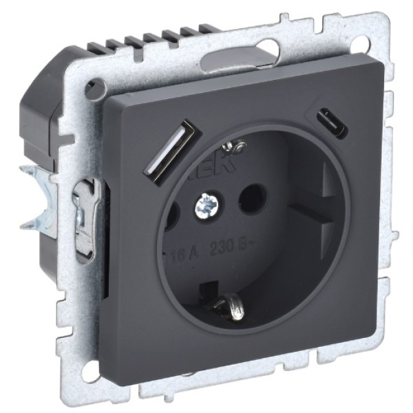BRITE Розетка 1-местная с заземлением с защитными шторками 16А с USB A+C 18Вт РЮш11-1-БрГ графит IEK