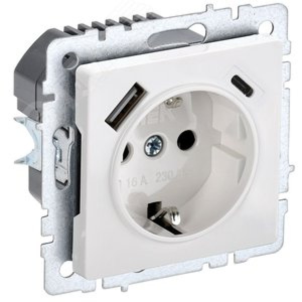 BRITE Розетка 1-местная с заземлением с защитными шторками 16А с USB A+C 18Вт РЮш11-1-БрБ белый IEK