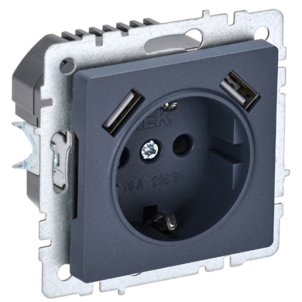 BRITE Розетка 1-местная с заземлением с защитными шторками 16А с USB A+A 5В 2,1А РЮш10-1-БрМ маренго IEK