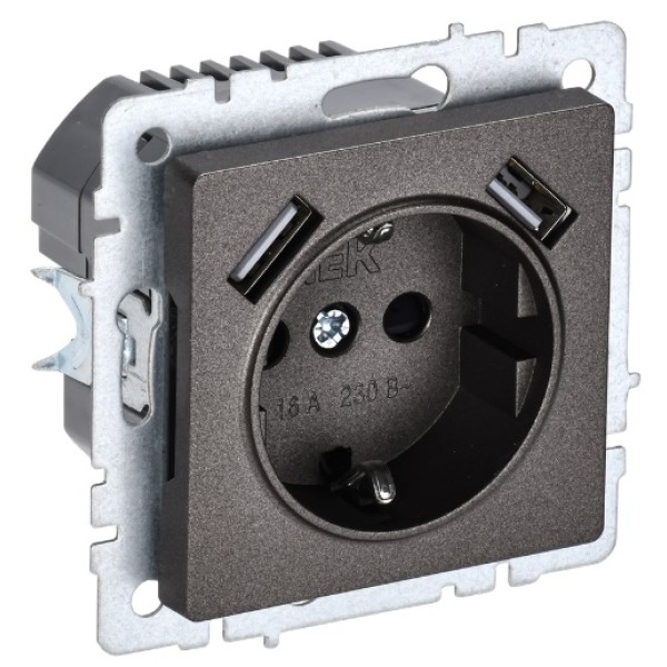 BRITE Розетка 1-местная с заземлением с защитными шторками 16А с USB A+A 5В 2,1А РЮш10-1-БрТБ темная бронза IEK
