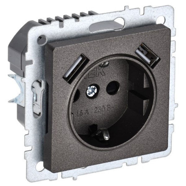 BRITE Розетка 1-местная с заземлением с защитными шторками 16А с USB A+A 5В 3,1А РЮш10-2-БрТБ темная бронза IEK