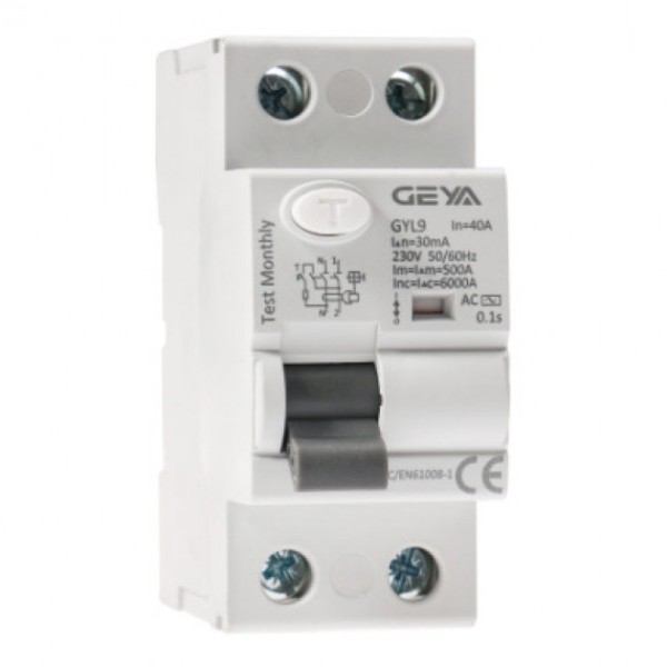 УЗО GYL9-2P-40A-100mA, 2P, 40A, 6 kA, 100mA, тип AC, 2M