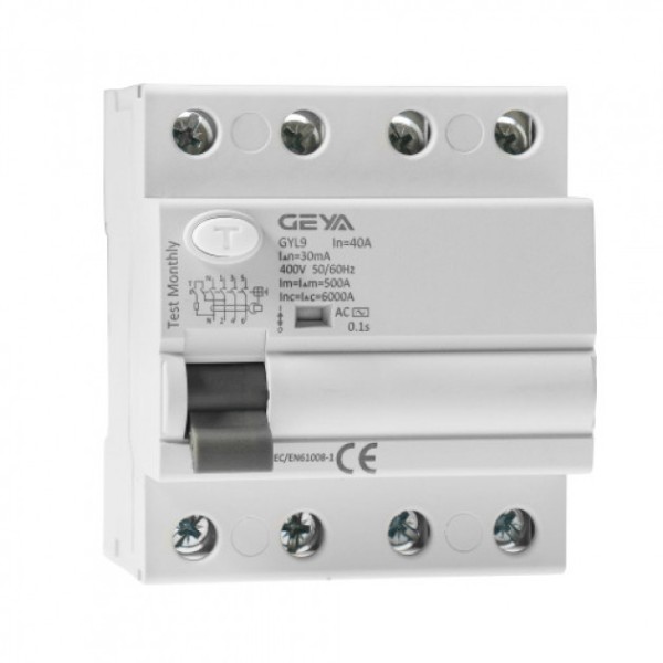 УЗО GYL9-4P-40A-100mA, 4P, 40A, 6 kA, 100mA, тип AC, 4M