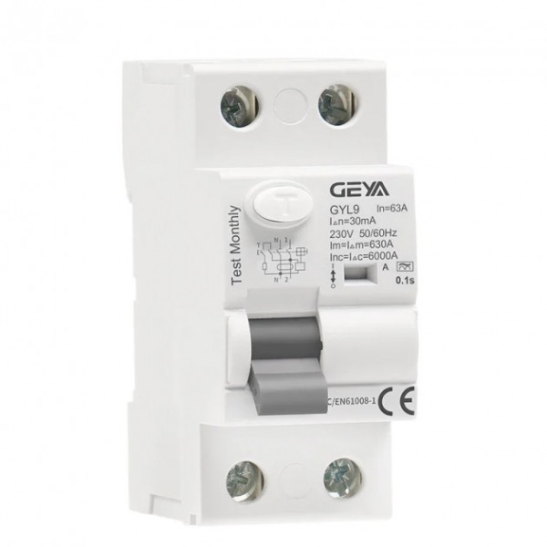 УЗО GYL9-2P-63A-30mA, 2P, 63A, 6 kA, 30mA, тип A, 2M