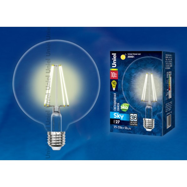 Ретро лампа Эдисона UNIEL  LED-G125-10W/WW/E27/CL PLS02WH  ПРОЗРАЧНАЯ КОЛБА
