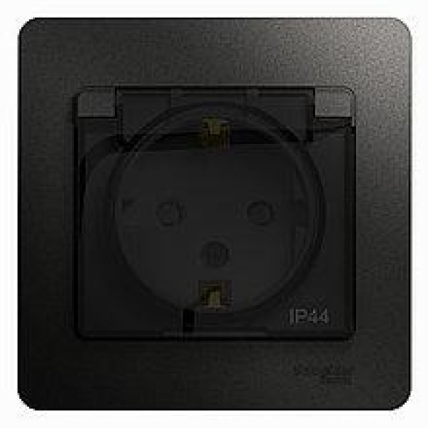 GLOSSA РОЗЕТКА с заземлением со шторками с крышкой, 16А, IP44, в сборе, АНТРАЦИТ