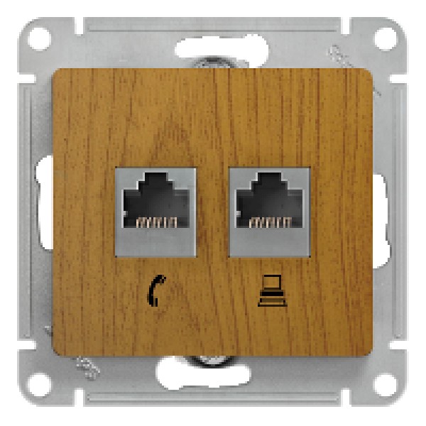 GLOSSA РОЗЕТКА двойная RJ11+RJ45, кат.5E, механизм, ДЕРЕВО ДУБ