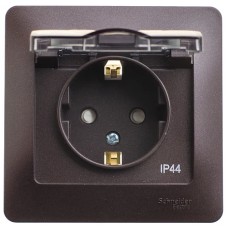 GLOSSA РОЗЕТКА с заземлением со шторками с крышкой, 16А, IP44, в сборе, ШОКОЛАД
