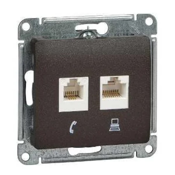 GLOSSA РОЗЕТКА двойная RJ11+RJ45, кат.5E, механизм, ШОКОЛАД