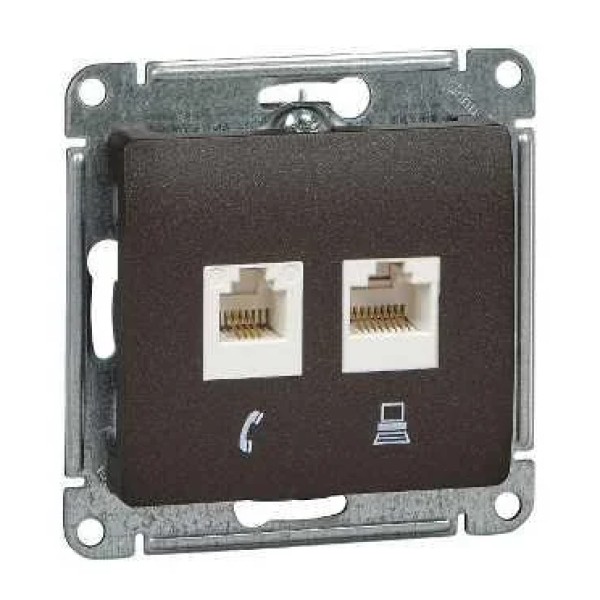 GLOSSA РОЗЕТКА двойная RJ45+RJ45, кат.5E, механизм, ШОКОЛАД