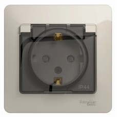 GLOSSA РОЗЕТКА с заземлением со шторками с крышкой, В СБОРЕ, IP44, МОЛОЧНЫЙ