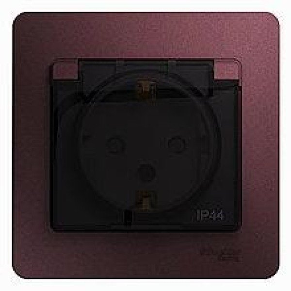 GLOSSA РОЗЕТКА с заземлением со шторками с крышкой, В СБОРЕ, IP44, БАКЛАЖАНОВЫЙ