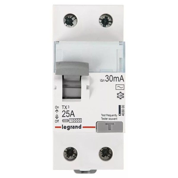 УЗО Legrand TX3, электромеханическое, 2P, 63A, 10kA, 30mA, тип AC, 2M