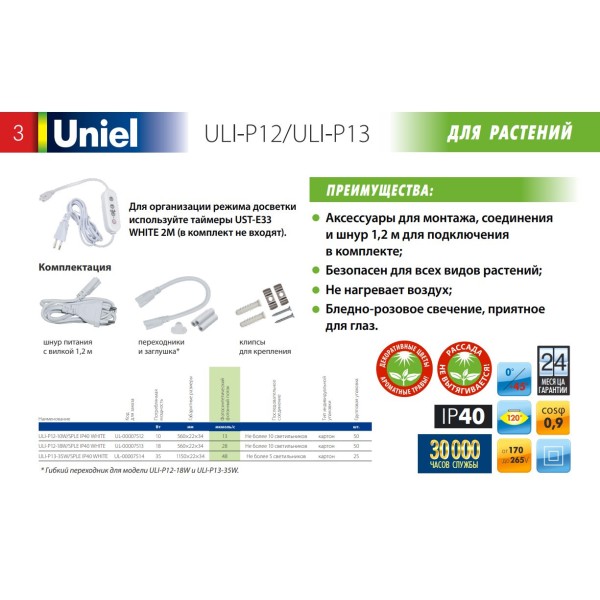 Светильник для растений светодиодный линейный Uniel 560мм ULI-P12-18W/SPLE IP40 WHITE
