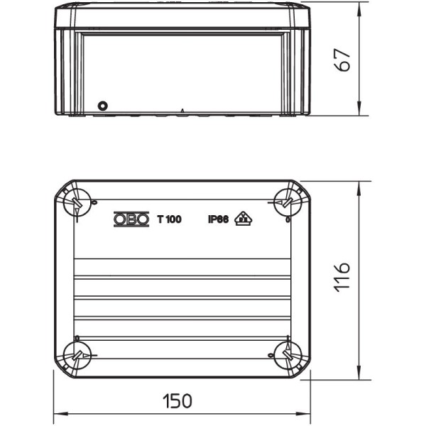 Коробка распред. T 100 OE, IP66, 150x116x67мм, без вводов, серый, полипропилен