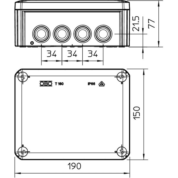 Коробка распред. T 160 без клемм, IP66, 190х150х77мм, 7хМ25, 5хМ32, серый, полипроп. армир.стекловол