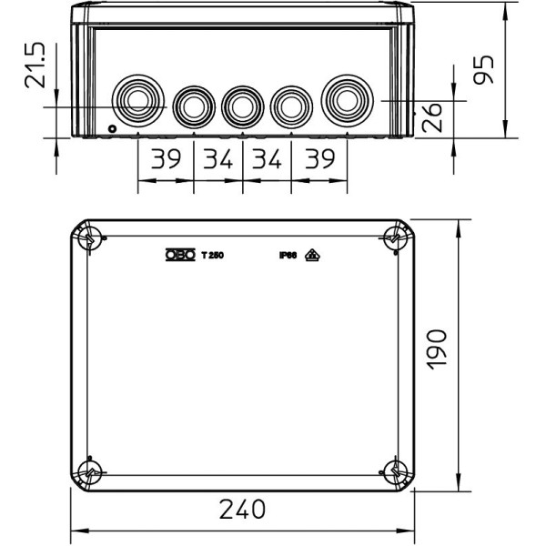 Коробка распред. T 250 без клемм, IP66, 240x190x95мм, 9хМ25, 7хМ32, серый, полипроп. армир.стекловол