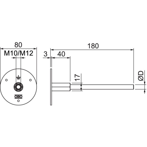 Точка 205 DG L180 V4A заземления опорная, присоединение с резьбой М10/М12, нерж. сталь OBO BETTERMANN