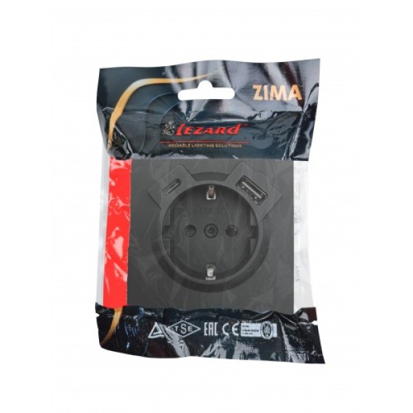 Розетка с/з TC + USB разъем черный бархат Lezard Zima (без рамки)