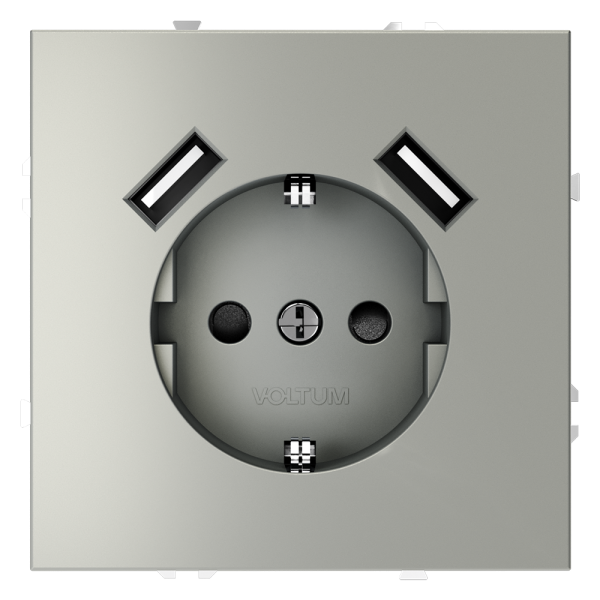 Розетка встраиваемая VOLTUM S70 с заземлением и защитными шторками, 16А, с USB, A+A, (сталь)