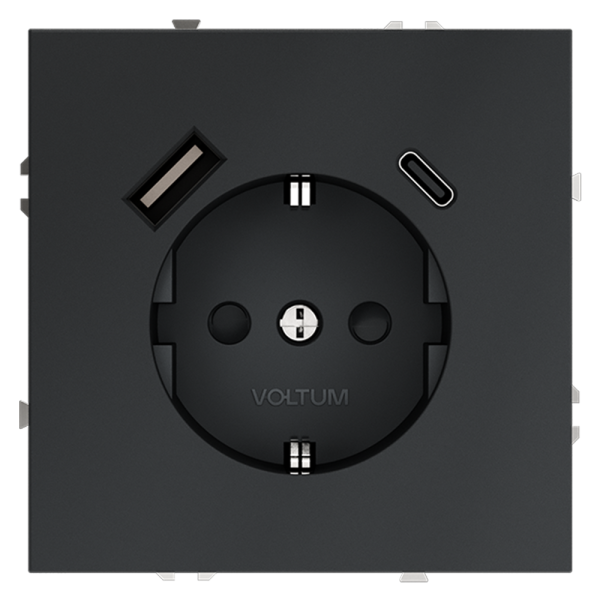 Розетка встраиваемая VOLTUM S70 с заземлением и защитными шторками, 16А, с USB, A+С, (графит)