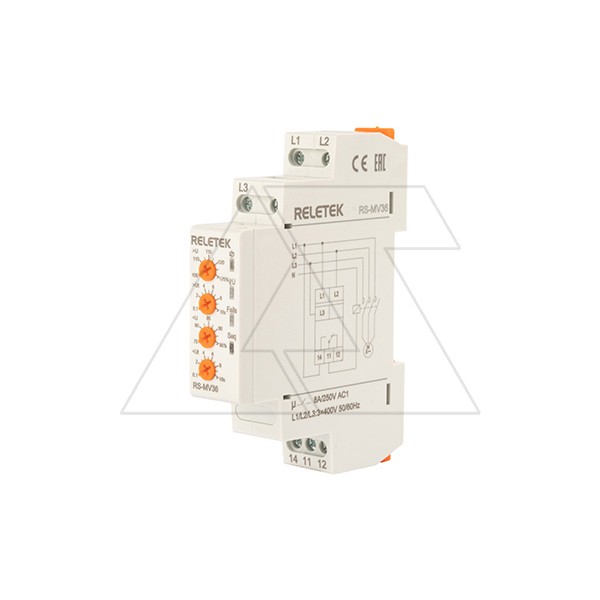Реле контроля напряжения RS-MV36/400, 3P L-L 400V, 1CO, 8A(250VAC), обрыв, чередование, Umin+Umax, 0.1_10s, 1M