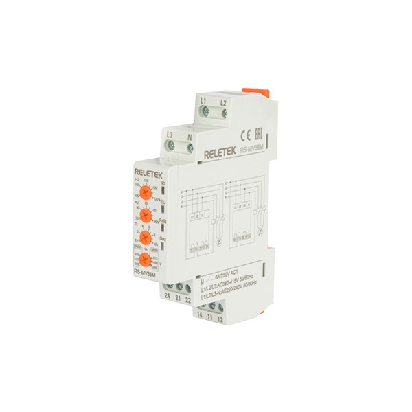 Реле контроля напряжения RS-MV36M, 3P/3P+N, 2CO, 266_540VAC(L-L)/ 154_312VAC(L-N), Umin и Umax, 0,1-10s, обрыв, чередование, 1M