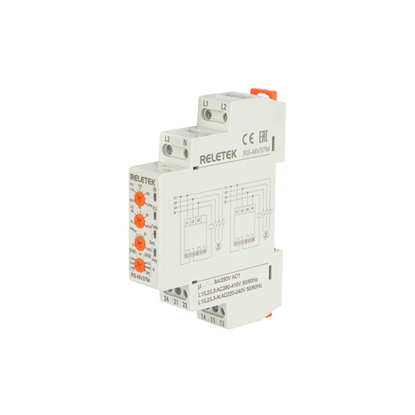 Реле контроля напряжения RS-MV37M, 3P/3P+N, 2CO, 266_540VAC(L-L)/ 154_312VAC(L-N), Umin и Umax, 2s, обрыв, чередование, асимметрия (5_20%), 1M
