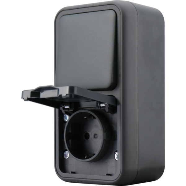 Двойной блок накладной,  розетка с защитной крышкой+переключатель 1-клавишный,  цвет антрацит,  IP55,  серия W55