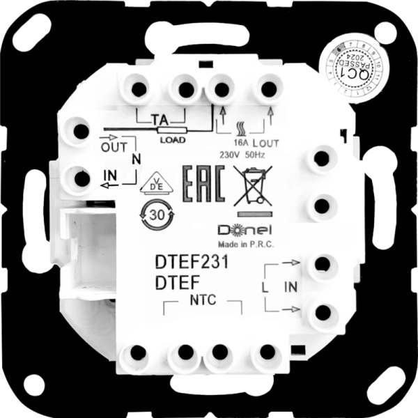 Механизм терморегулятора с внешним датчиком пола,  AC230V,  16A,  серия DTEF