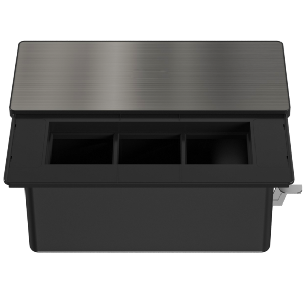 Настольный встраиваемый розеточный блок с сдвижной крышкой из стали Slider 6 мод. (3 мод. 45х45),  черный