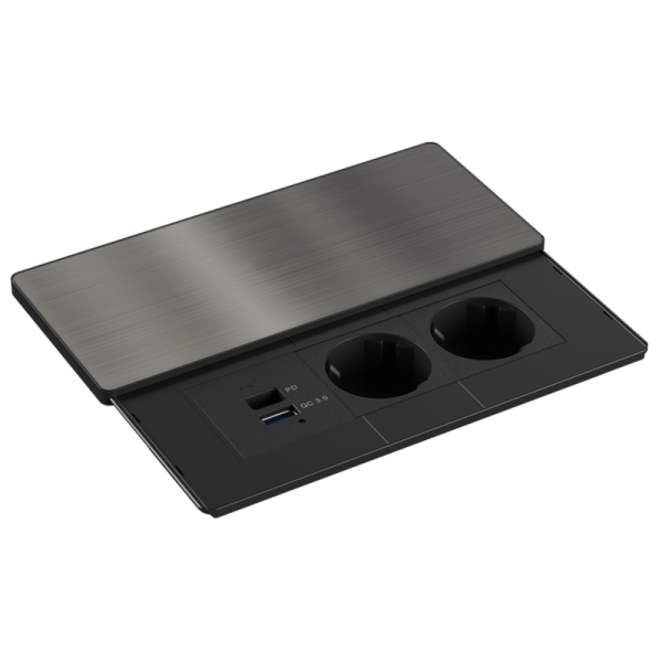 Настольный встраиваемый розеточный блок с сдвижной крышкой из стали Slider 6 мод. (3 мод. 45х45),  черный