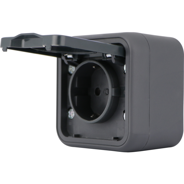 Розетка 1-я с защитной крышкой,  2К+З и шторками,  накладная,  цвет антрацит,  IP55,  серия W55